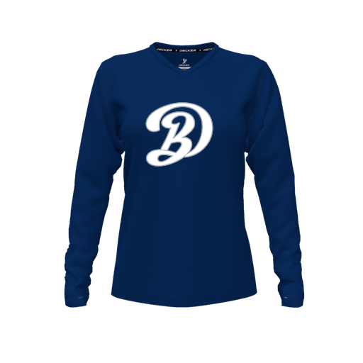 [CUS-DFW-TEES-CMF-VNK-LSL-NVY-FYXS-LOGO1] Decker Comfort T-Shirt (Female Youth XS, Navy, V Neck, Logo 1, Long Sleeve)