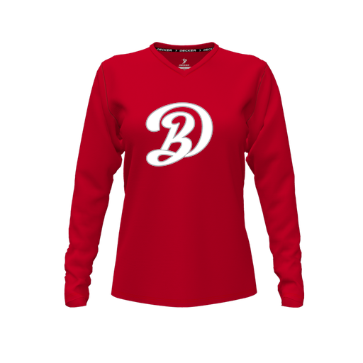 [CUS-DFW-TEES-CMF-VNK-LSL-RED-FYXS-LOGO1] Decker Comfort T-Shirt (Female Youth XS, Red, V Neck, Logo 1, Long Sleeve)